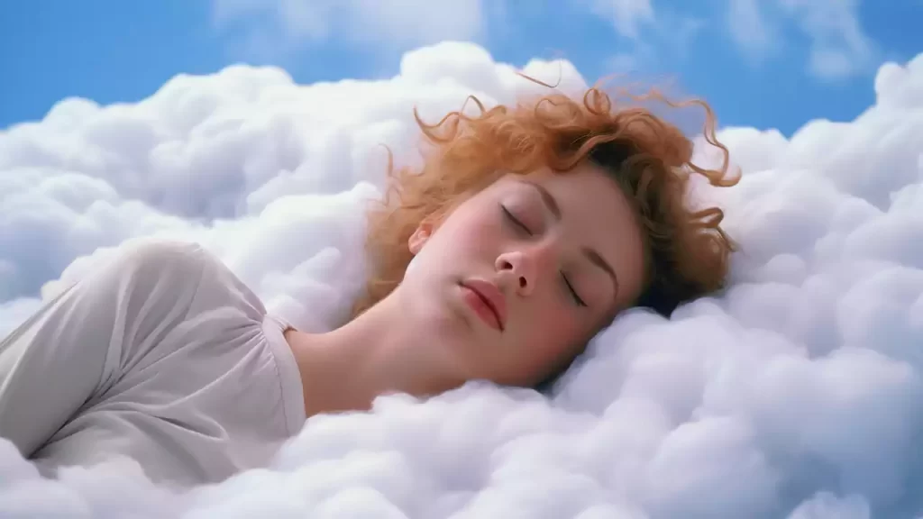girl sleeping and dreaming over clouds